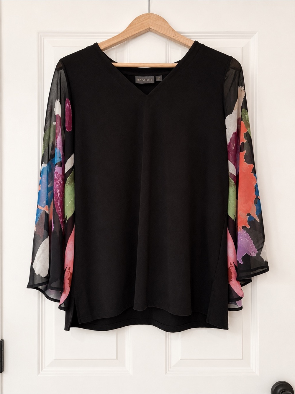 Brandis Black Floral Sleeve Blouse Women Medium Sheer Bell Sleeve V Neck Top